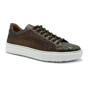 65-205-CGN VENTO Calfskin Side Weave & Embossed Crocodile Sneaker, Cognac