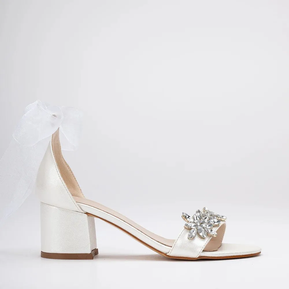 Helen Vegan Leather Rhinestone and Ribbon Wedding Heels | Ivory