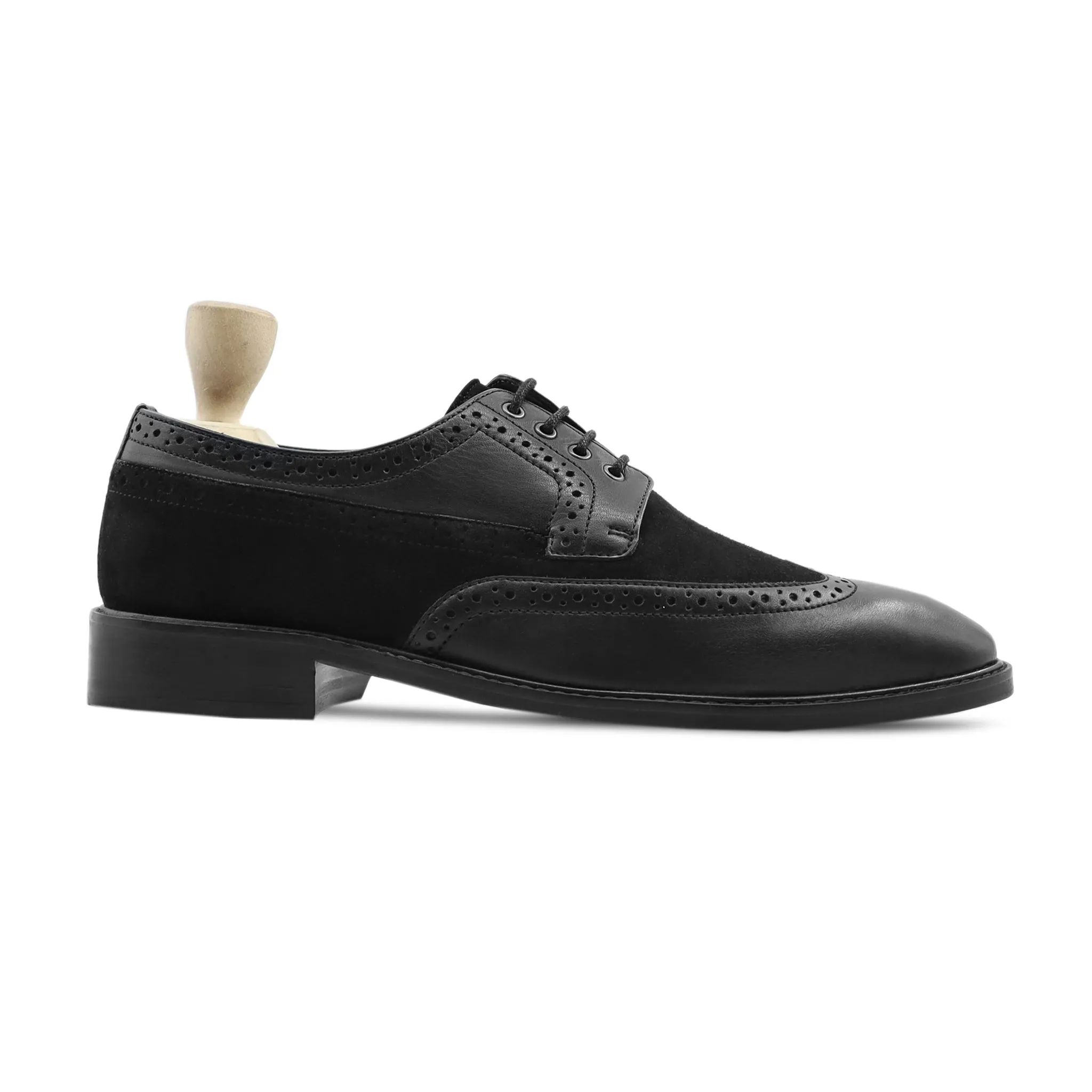 Litvi - Men's Black Calf Leather and Kid Suede Leather Derby Shoe