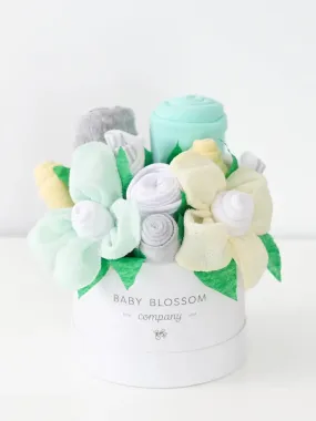 Petite Neutral New Baby Gift Basket Flower Bouquet - Yellow