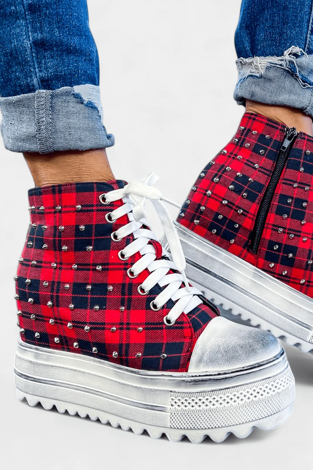 Red Plaid Platform Wedge Sneakers