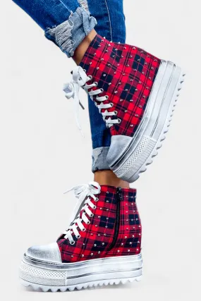 Red Plaid Platform Wedge Sneakers