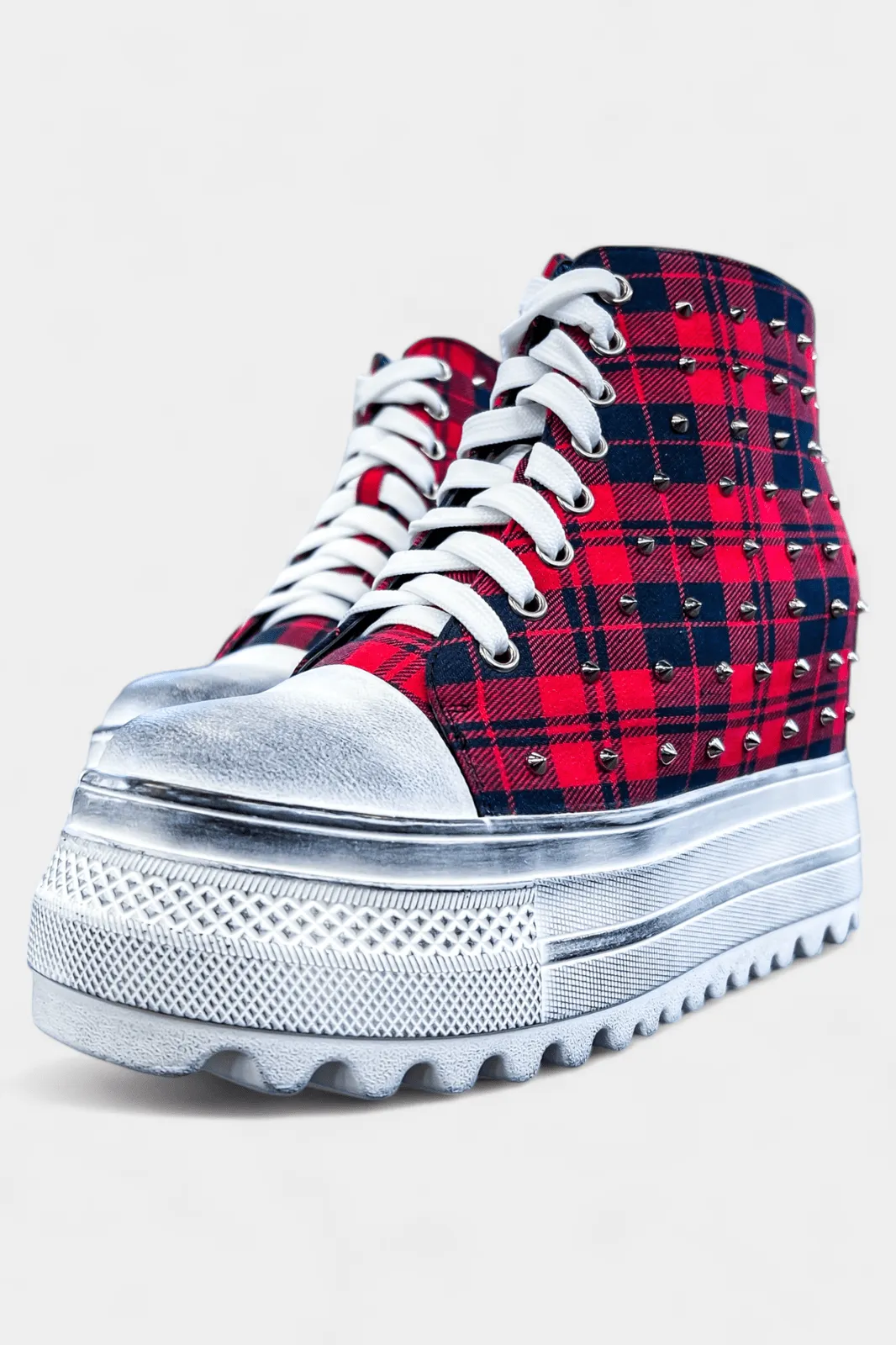 Red Plaid Platform Wedge Sneakers